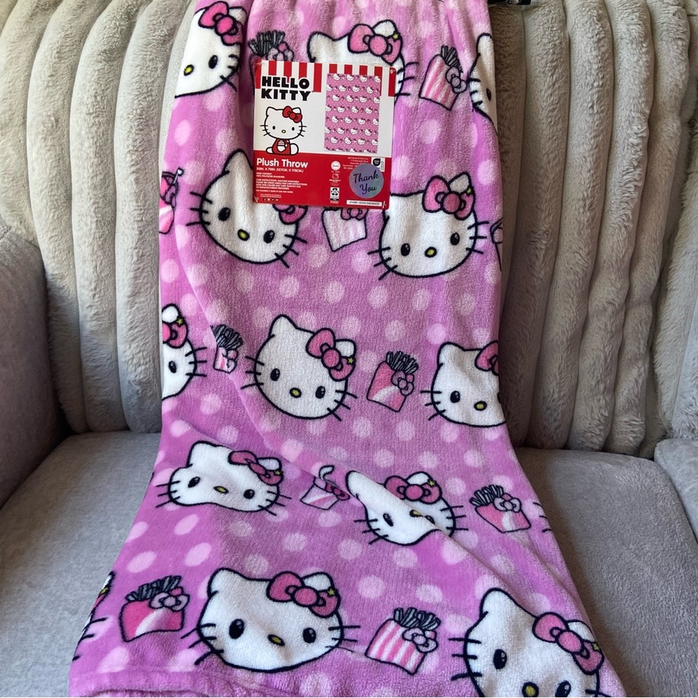 Hello Kitty Blanket -  Pink Polka Dot Plush Blanket with French Fries-